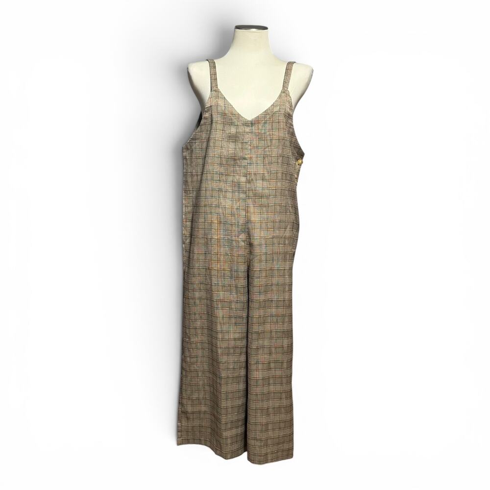 Hem & Thread Wide Leg Cropped Jumpsuit Plaid Brown Tan Beige Medium